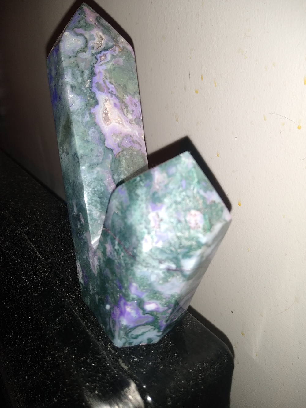 Moss Agate Green and Purple Double Crystal Point Tower